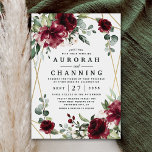 Burgundy Red Blush Gold Geometric Greenery Wedding Invitation<br><div class="desc">Design features a printed gold colored geometric frame with floral elements in shades of burgundy,  red and blush over greenery,  eucalyptus and flower blooms.  Design also features an easy to use typography layout.</div>
