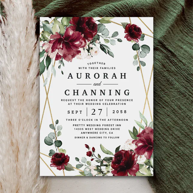 Burgundy Red Blush Gold Geometric Greenery Wedding Invitation | Zazzle