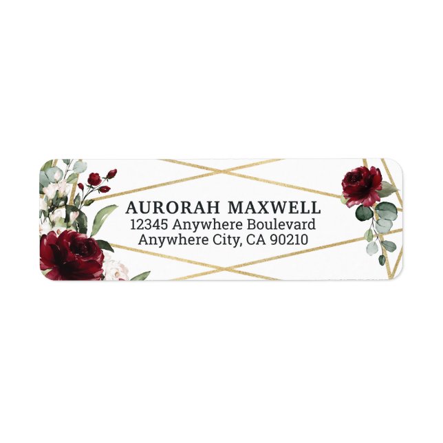Burgundy Red Blush Gold Geometric Greenery Wedding Label (Front)