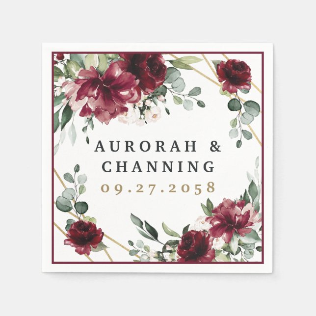 Burgundy Red Blush Gold Geometric Greenery Wedding Napkins (Front)