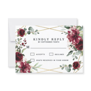 Burgundy Red Blush Gold Geometric Greenery Wedding RSVP Card
