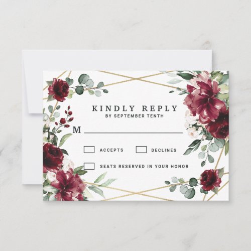 Burgundy Red Blush Gold Geometric Greenery Wedding RSVP Card