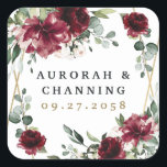 Burgundy Red Blush Gold Geometric Greenery Wedding Square Sticker<br><div class="desc">Design features a printed gold colored geometric frame with floral elements in shades of burgundy,  red and blush over greenery,  eucalyptus and flower blooms.</div>