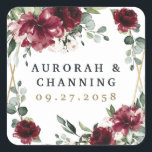 Burgundy Red Blush Gold Geometric Greenery Wedding Square Sticker<br><div class="desc">Design features a printed gold colored geometric frame with floral elements in shades of burgundy,  red and blush over greenery,  eucalyptus and flower blooms.</div>