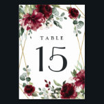 Burgundy Red Blush Gold Geometric Greenery Wedding Table Number<br><div class="desc">Design features a printed gold colored geometric frame with floral elements in shades of burgundy,  red and blush over greenery,  eucalyptus and flower blooms.</div>