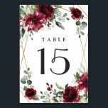 Burgundy Red Blush Gold Geometric Greenery Wedding Table Number<br><div class="desc">Design features a printed gold colored geometric frame with floral elements in shades of burgundy,  red and blush over greenery,  eucalyptus and flower blooms.</div>