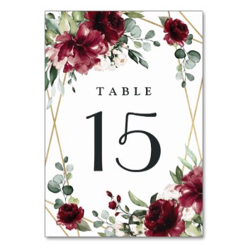 Burgundy Red Blush Gold Geometric Greenery Wedding Table Number by RusticWeddings at Zazzle