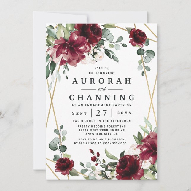 Burgundy Red Blush Gold Greenery Engagement Party Invitation (Front)