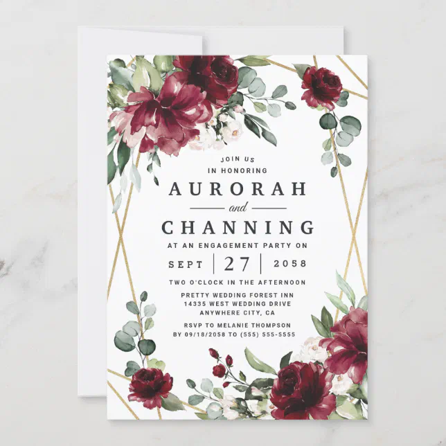 Burgundy Red Blush Gold Greenery Engagement Party Invitation | Zazzle