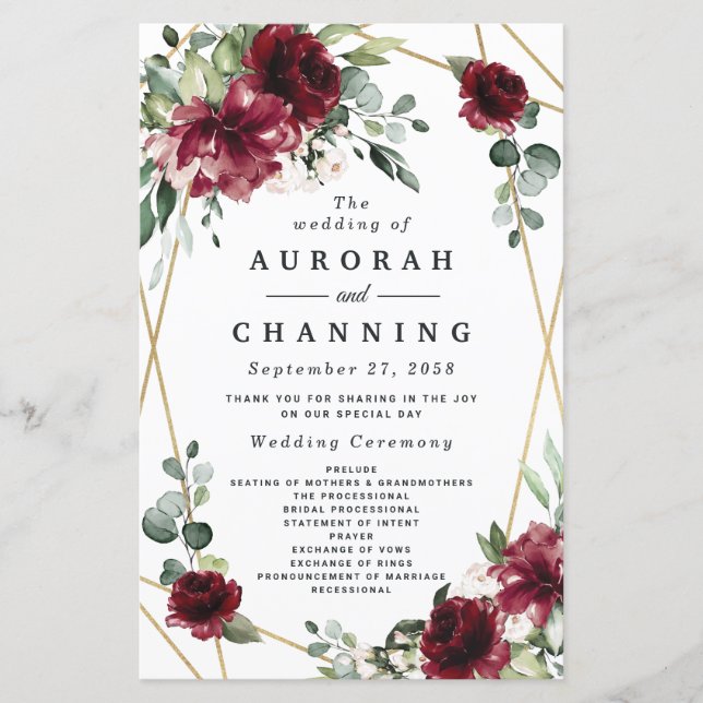 Burgundy Red Blush Gold Greenery Wedding Programs (Front)