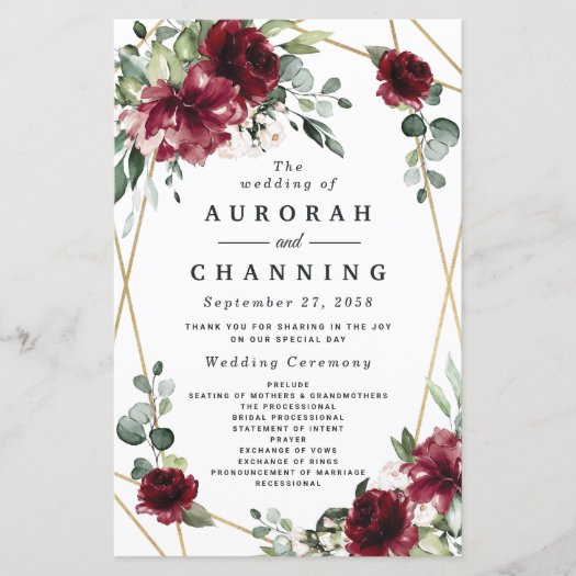 Burgundy Red Blush Gold Greenery Wedding Programs