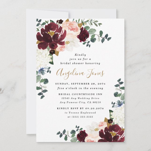 Burgundy Red Blush Pink and Gold Bridal Shower Invitation (Front)