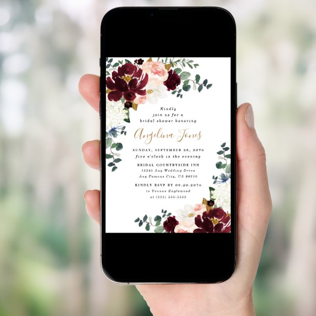 Burgundy Red Blush Pink and Gold Bridal Shower Invitation (Front Digital)