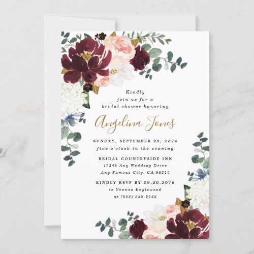 Burgundy Red Blush Pink and Gold Bridal Shower Invitation - Design features peonies, magnolia, hydrangea, roses, Scottish thistle, and more in shades of burgundy, various types of red, blush pink white and navy blue (thistle). Design also features gold printed leaves and numerous types of green greenery including eucalyptus leaves or branches. The name is set to a gold shade to match the gold printed themed graphic elements. You can change the colors to your personal tastes.