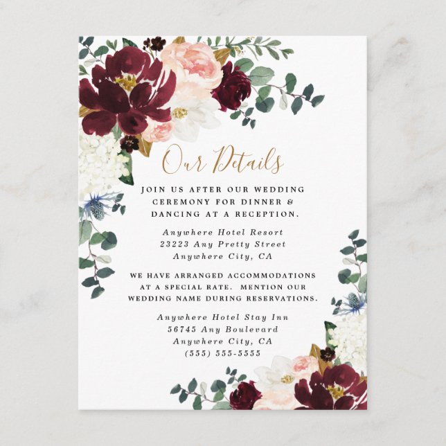 Burgundy Red Blush Pink and Gold Floral Wedding Enclosure Card (Front)