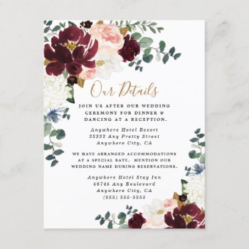 Burgundy Red Blush Pink And Gold Floral Wedding Enclosure Card by RusticWeddings at Zazzle