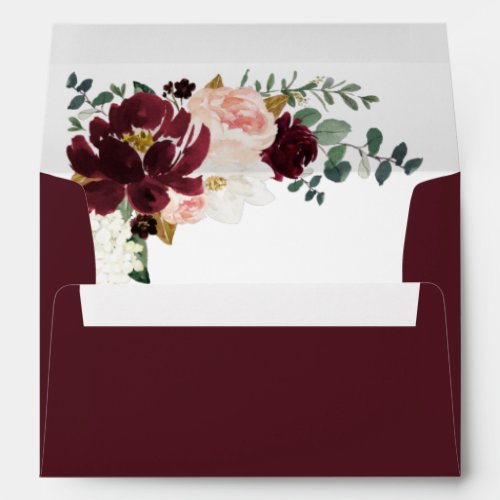 Burgundy Red Blush Pink and Gold Floral Wedding Envelope