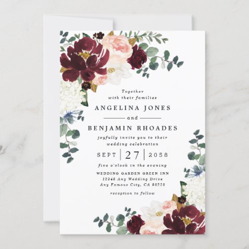 Burgundy Red Blush Pink and Gold Floral Wedding Invitation - Design features peonies, magnolia, hydrangea, roses, Scottish thistle, and more in shades of burgundy, various types of red, blush pink white and navy blue (thistle). Design also features gold printed leaves and numerous types of green greenery including eucalyptus leaves or branches.
