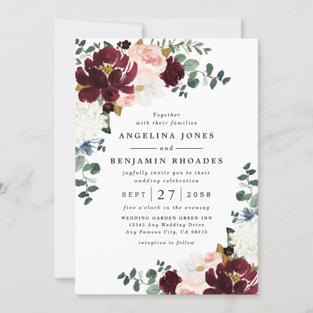 Burgundy Red Blush Pink and Gold Floral Wedding Invitation (Front)
