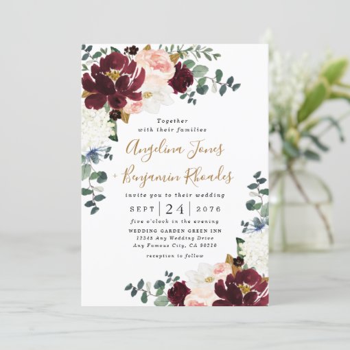 Burgundy Red Blush Pink and Gold Floral Wedding Invitation | Zazzle