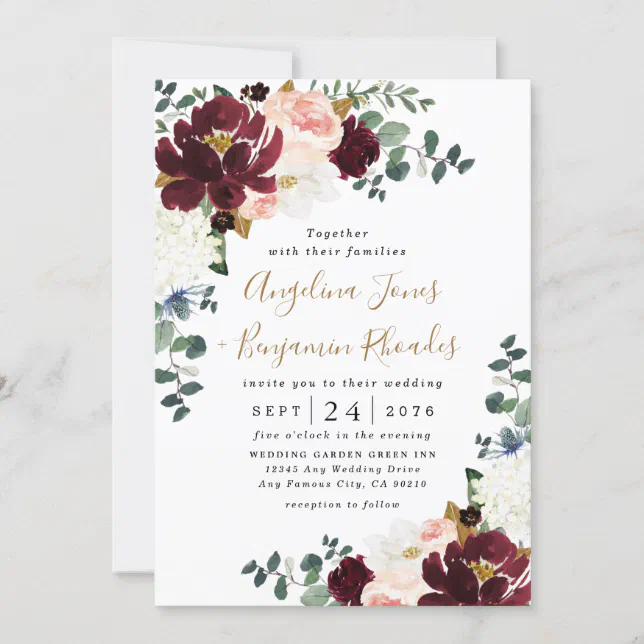 Burgundy Red Blush Pink and Gold Floral Wedding Invitation | Zazzle