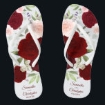 Burgundy Red & Blush Pink Boho Roses Wedding Flip Flops<br><div class="desc">Dance the night away with these beautiful wedding flip flops. The rustic boho chic design features hand painted watercolor roses in shades of burgundy, red, and blush pink, along with eucalyptus leaves and garden greenery. There is space for the names of the couple and wedding date below. Wonderful way to...</div>