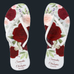 Burgundy Red & Blush Pink Boho Roses Wedding Flip Flops<br><div class="desc">Dance the night away with these beautiful wedding flip flops. The rustic boho chic design features hand painted watercolor roses in shades of burgundy, red, and blush pink, along with eucalyptus leaves and garden greenery. There is space for the names of the couple and wedding date below. Wonderful way to...</div>