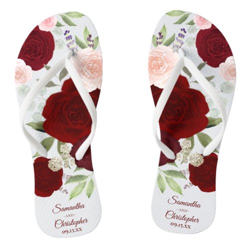 Burgundy Red  Blush Pink Boho Roses Wedding Flip Flops