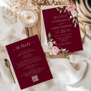 Burgundy Red Blush Pink Floral All In One Wedding Invitation