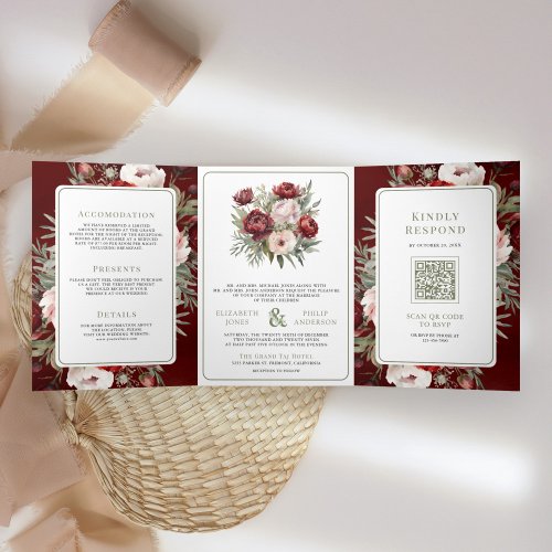 Burgundy Red Blush Pink Floral All in One Wedding Tri_Fold Invitation