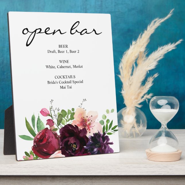 Burgundy Red & Blush Pink Floral Bar Sign Easel Plaque (Side)