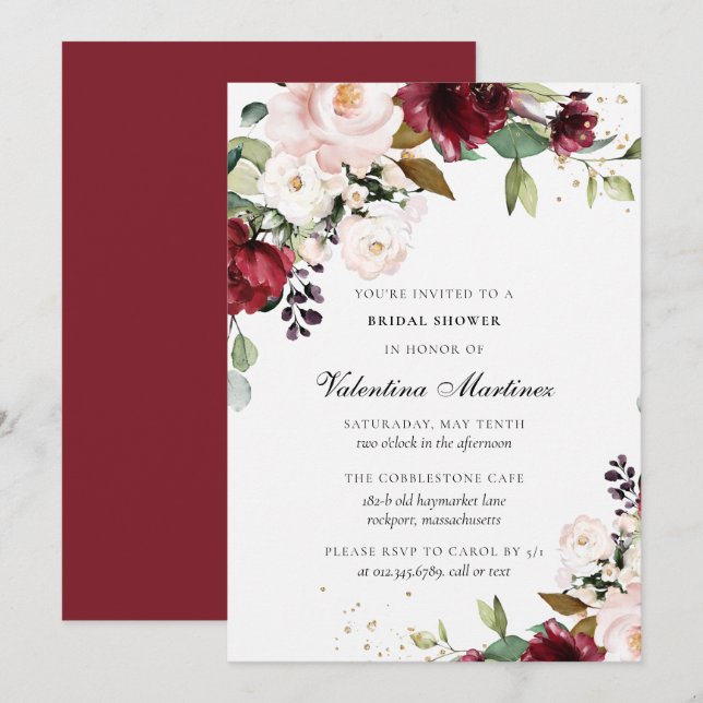 Burgundy Red Blush Pink Floral  Bridal Shower Invitation (Front/Back)