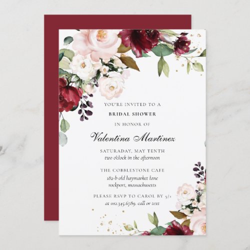 Burgundy Red Blush Pink Floral  Bridal Shower Invitation