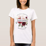 Burgundy Red Blush Pink Floral Bridesmaid T-Shirt<br><div class="desc">Romantic burgundy red and blush pink roses create a beautiful floral arrangement on this bridesmaid t-shirt. The bridesmaid name is written across the floral bouquet on a white stripe. The bride's name and wedding are written above the bouquet in a curved text. Bridesmaid is written below, also in a curved...</div>