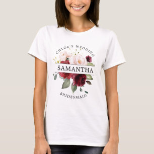 Burgundy Red Blush Pink Floral Bridesmaid T-Shirt