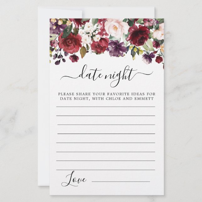 Burgundy Red Blush Pink Floral Date Night Card (Front)