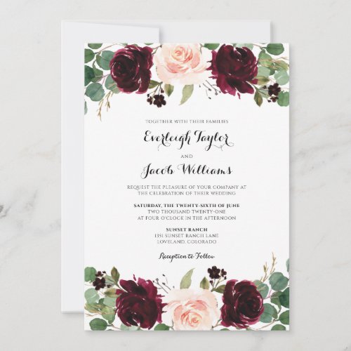 Burgundy Red Blush Pink Floral Eucalyptus Wedding  Invitation