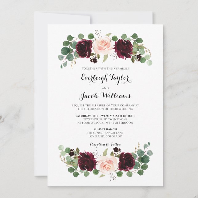 Burgundy Red Blush Pink Floral Eucalyptus Wedding Invitation (Front)