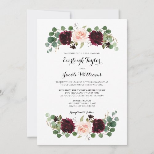 Burgundy Red Blush Pink Floral Eucalyptus Wedding Invitation