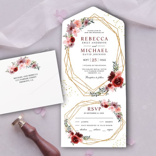 Burgundy Red Blush Pink Floral Geometric Wedding All In One Invitation