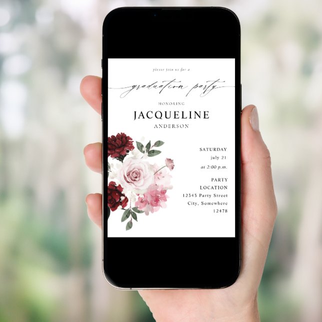 Burgundy Red & Blush Pink Floral Graduation Party Invitation (Front Digital)