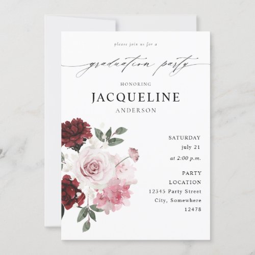 Burgundy Red  Blush Pink Floral Graduation Party Invitation
