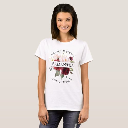 Burgundy Red Blush Pink Floral Maid of Honor T_Shirt