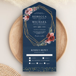 Burgundy Red Blush Pink Floral Navy Blue Wedding All In One Invitation
