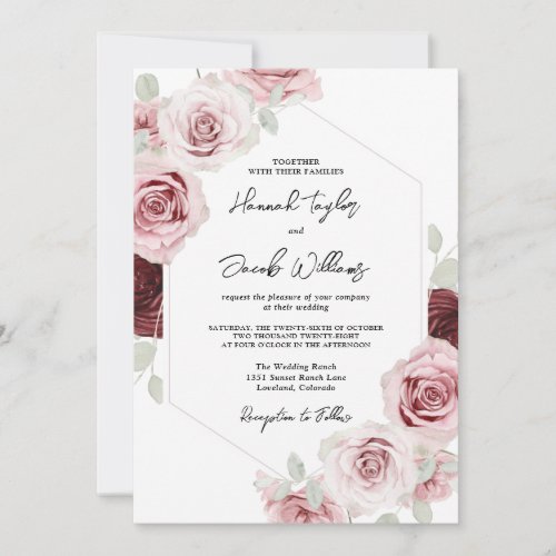 Burgundy Red Blush Pink Floral QR Code Wedding Invitation