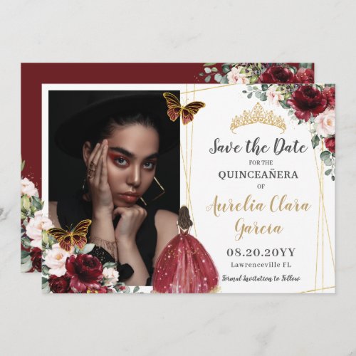 Burgundy Red Blush Pink Floral Quinceaera Photo Save The Date