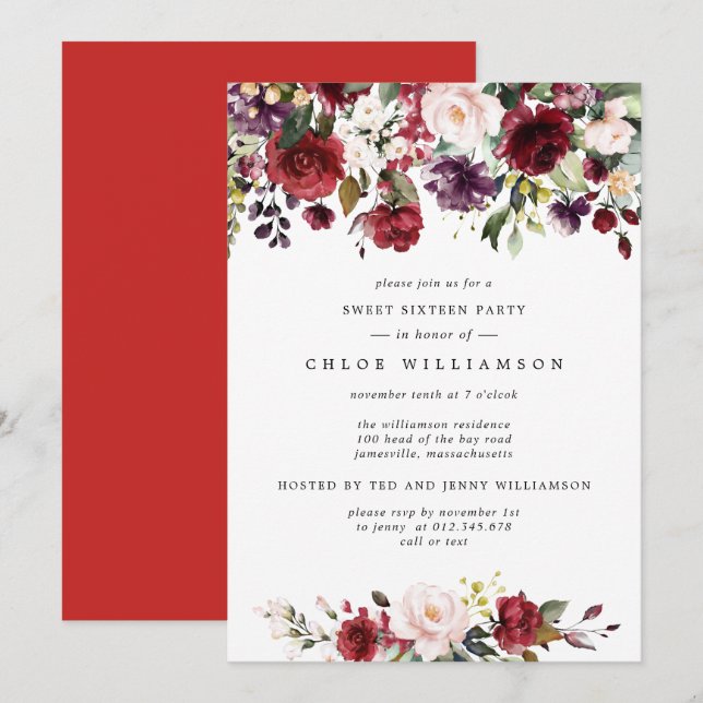 Burgundy Red Blush Pink Floral Sweet Sixteen Party Invitation (Front/Back)
