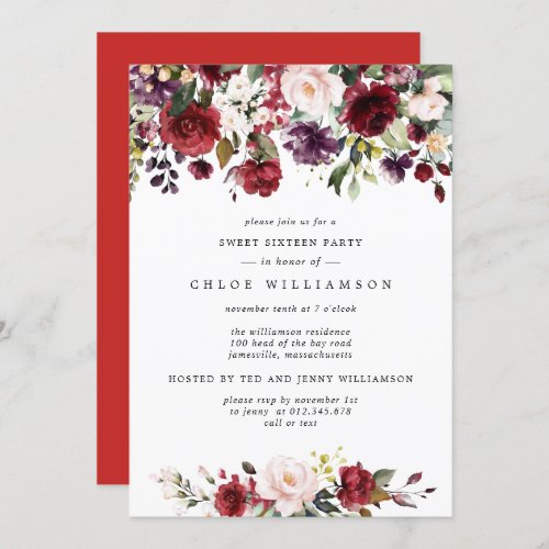 Burgundy Red Blush Pink Floral Sweet Sixteen Party Invitation