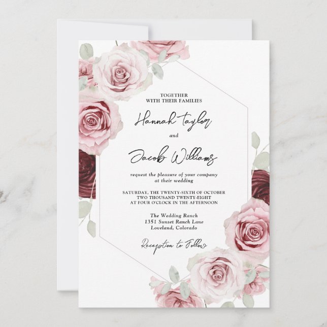 Burgundy Red Blush Pink Floral Wedding Invitation (Front)
