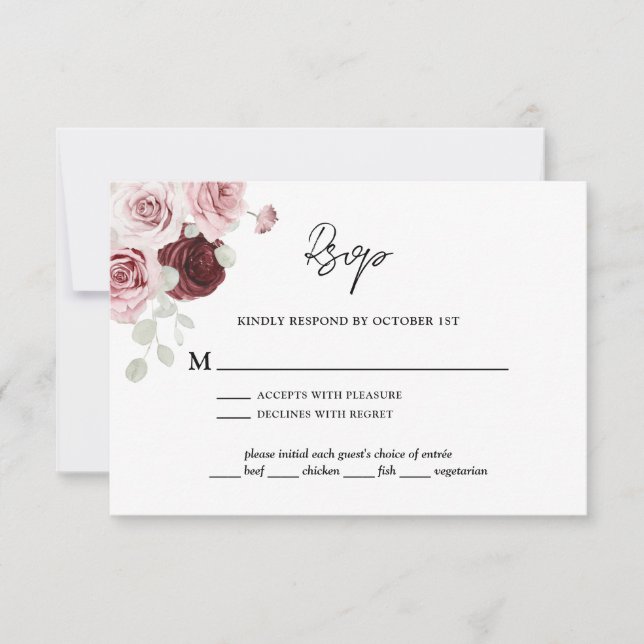 Burgundy Red Blush Pink Floral Wedding RSVP Card (Front)